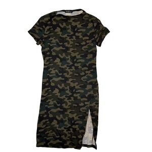 Popular Basics Camouflage Print T Shirt Dress Short Sleeve Side Slit‎ Size L